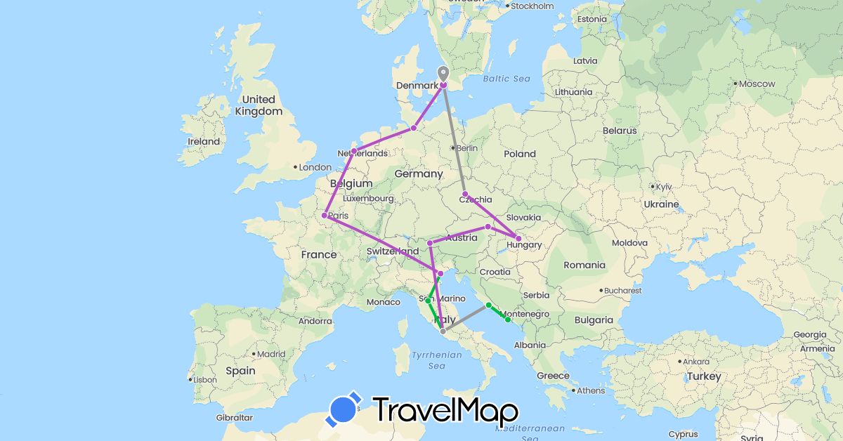 TravelMap itinerary: driving, bus, plane, train in Austria, Czech Republic, Germany, Denmark, France, Croatia, Hungary, Italy, Netherlands (Europe)